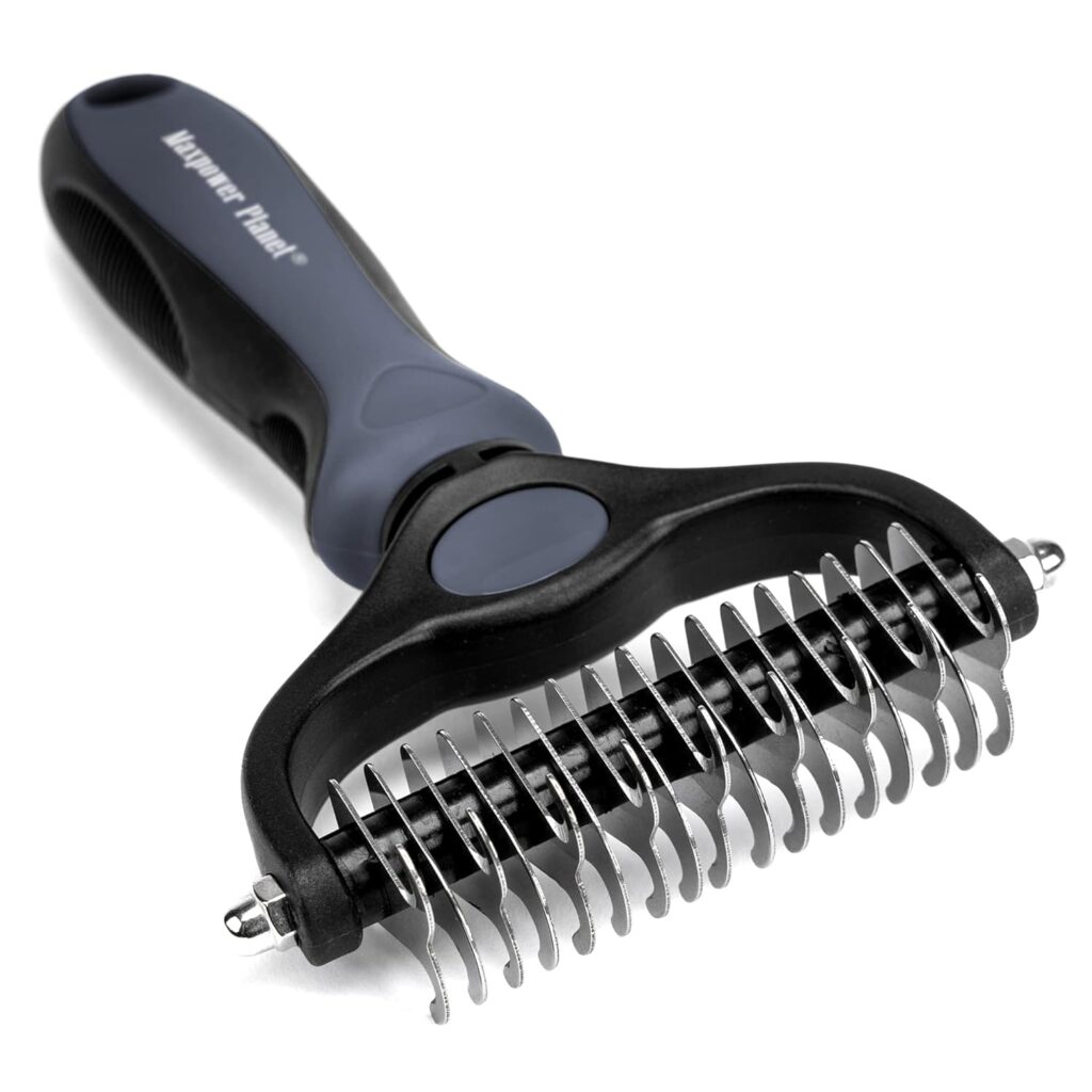 Maxpower Planet Pet Grooming Brush - Double Sided Shedding, Dematting Undercoat Rake for Dogs, Cats - Extra Wide Dog Grooming Brush, Dog Brush for Shedding, Cat Brush, Reduce Shedding by 95%, Blue