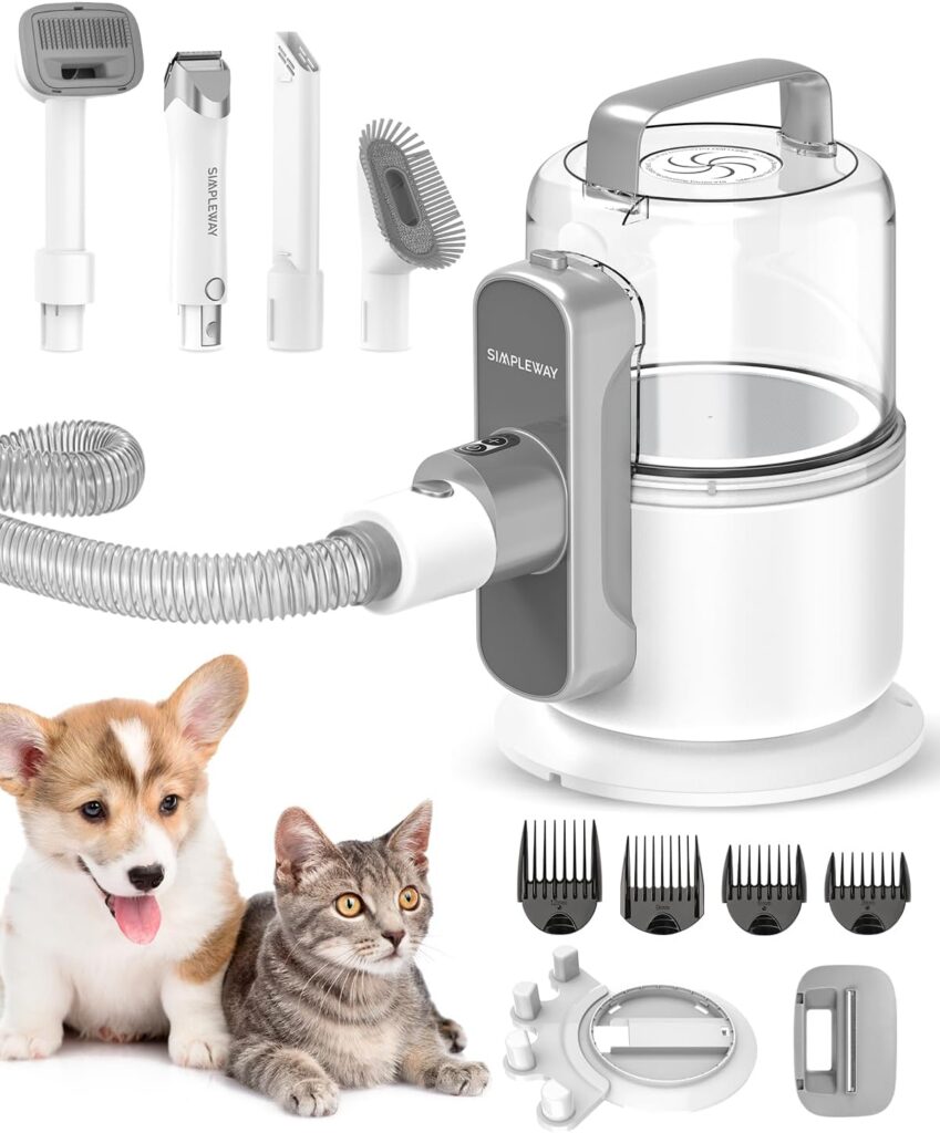 Simple Way Pet Grooming Vacuum, 6 in 1 Dog Grooming Kit with 3 Suction Mode and Large Capacity Dust Cup, Dog Vacuum for Shedding Grooming and Pet Vacuum for Dog Hair at Home (White)