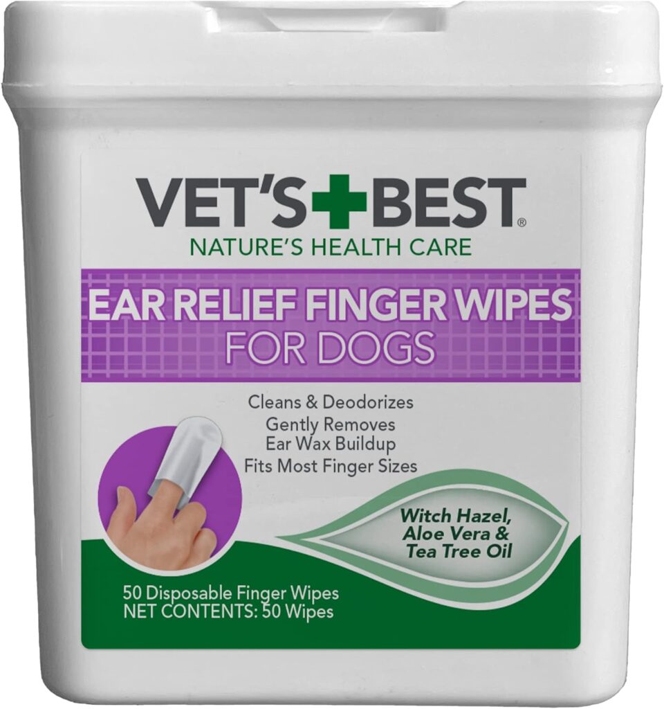 Vets Best Ear Relief Finger Wipes | Ear Cleansing Finger Wipes for Dogs | Sooths Deodorizes | 50 Disposable Wipes