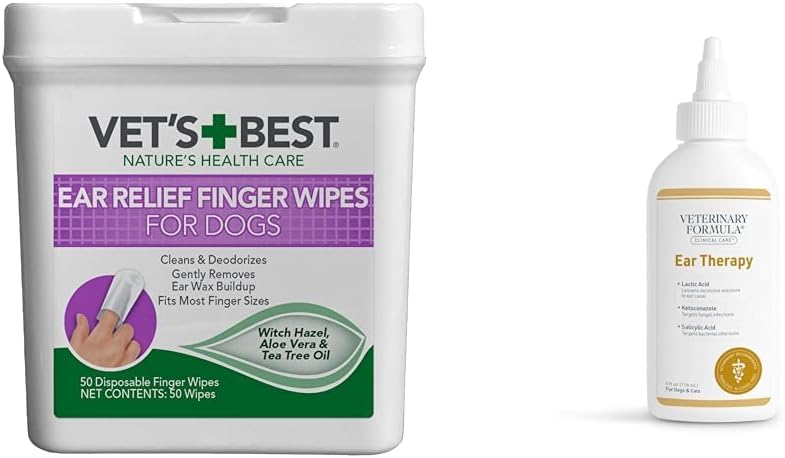 Vets Best Ear Relief Finger Wipes | Ear Cleansing Finger Wipes for Dogs | Sooths Deodorizes | 50 Disposable Wipes