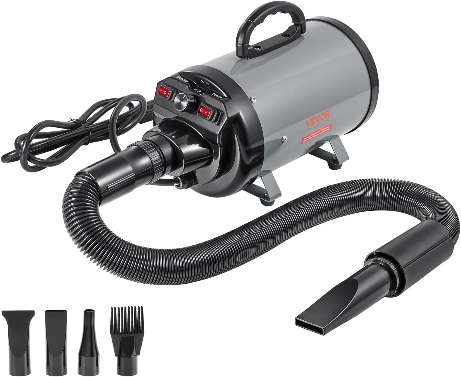 Dog Dryer, 2800W/4.3 HP Dog Blow Dryer, Pet Grooming Dryer with Adjustable Speed and Temperature Control, Pet Hair Dryer with 4 Nozzles and Extendable Hose (Grey and Black)