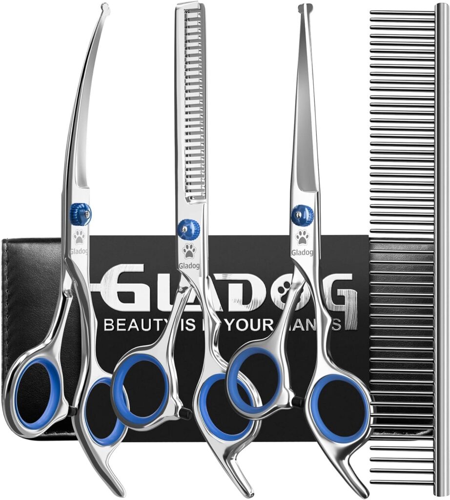 GLADOG Professional 5 in 1 Dog Grooming Scissors Set with Safety Round Tips, Sharp and Durable Pet Grooming Shears for Cats