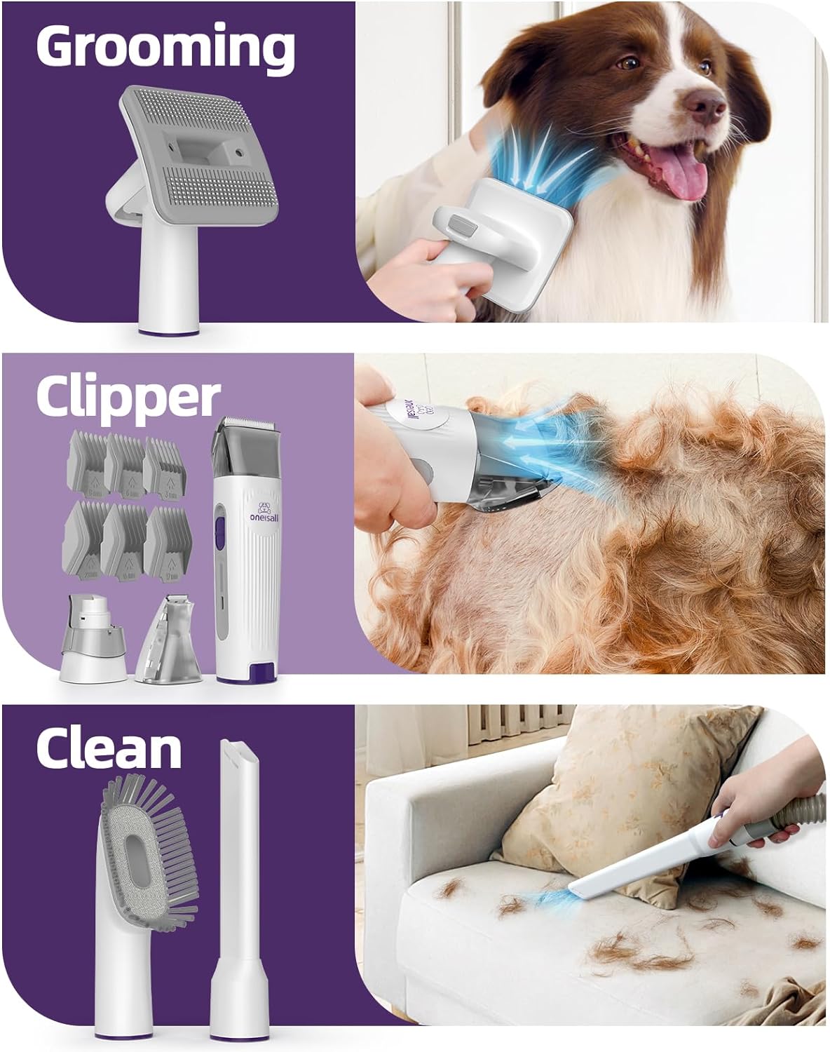 oneisall Dog Hair Vacuum  Dog Grooming Kit, Pet Grooming Vacuum with Pet Clipper Nail Grinder, 1.5L Dust Cup Dog Brush Vacuum with 7 Pet Grooming Tools for Shedding Pet Hair, Home Cleaning