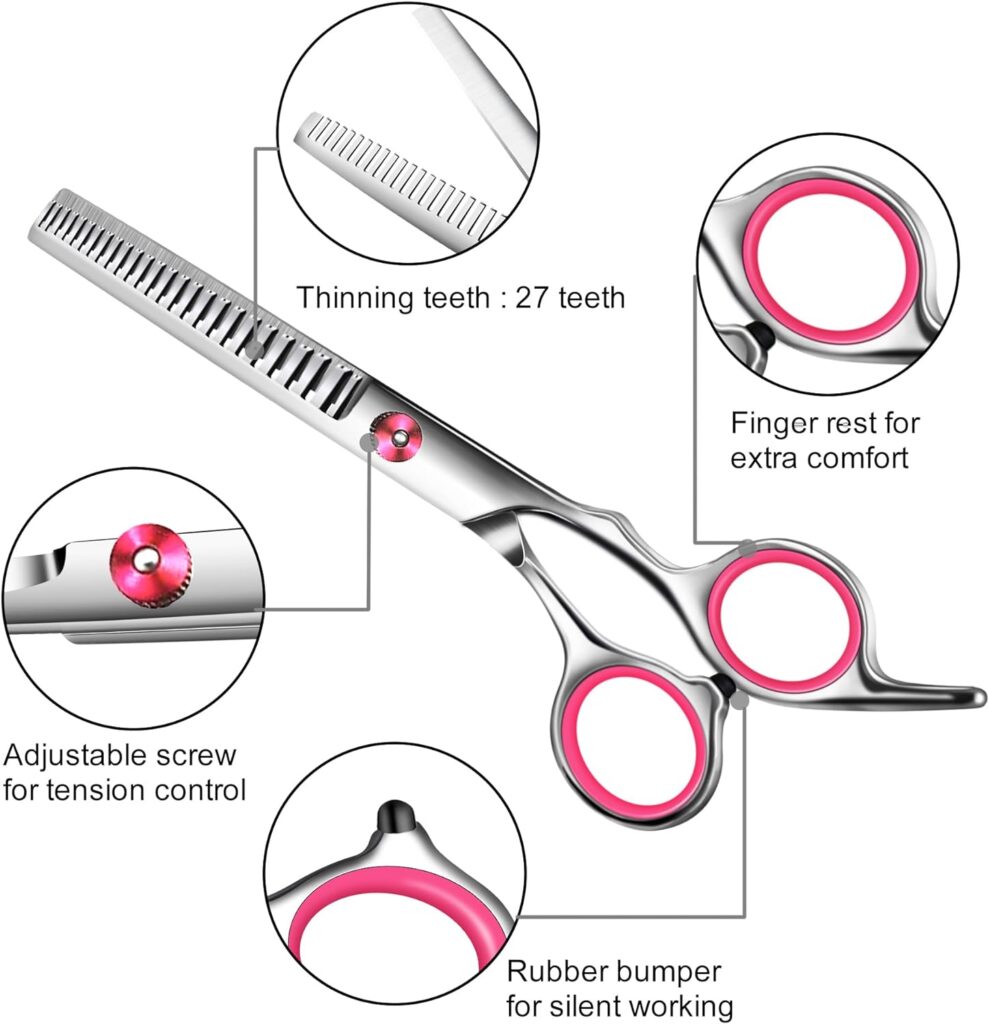 Pink Dog Grooming Scissors with Safety Round Tip,Pet Grooming scissors Kit,Dog Shears for Grooming,Incude Thinning,Curved Grooming Scissors and Comb for dogs, cats.Suitable for The Right Hand