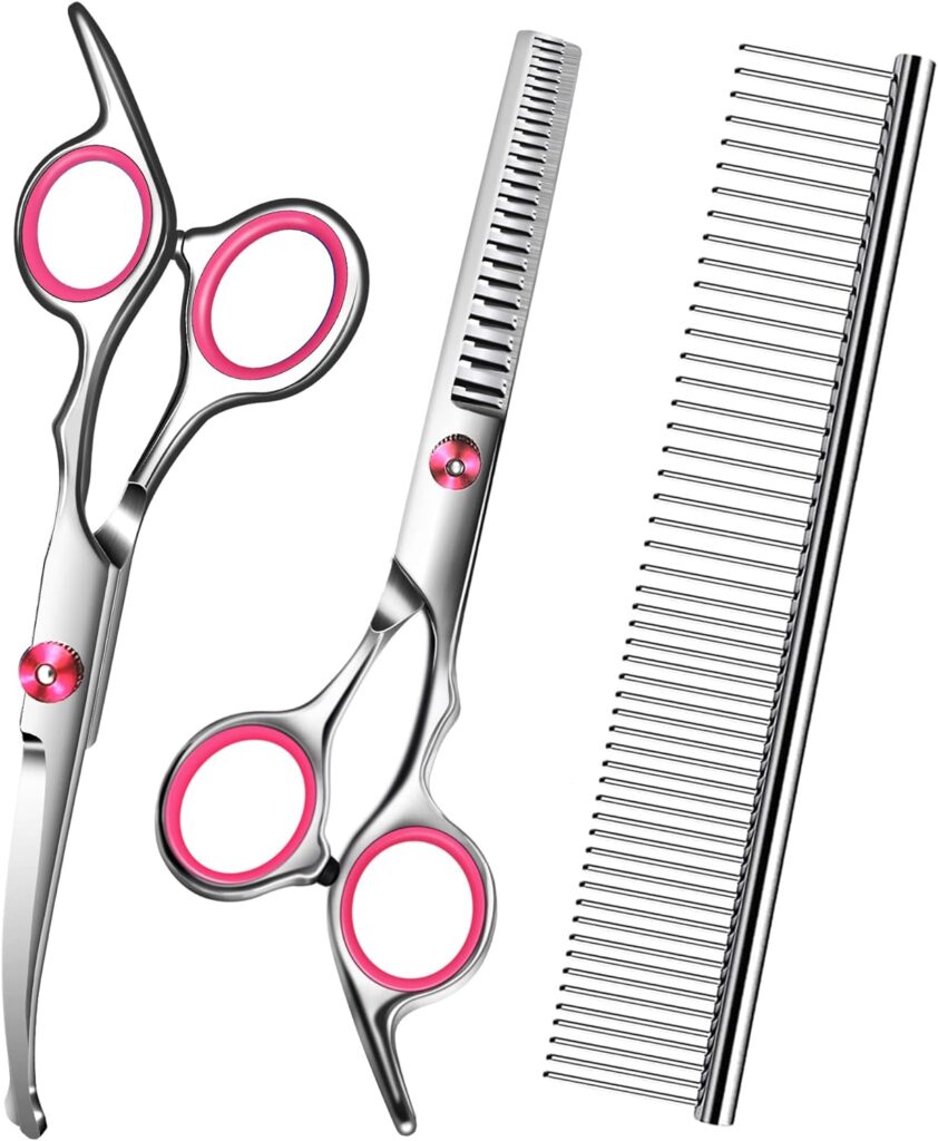 Pink Dog Grooming Scissors with Safety Round Tip,Pet Grooming scissors Kit,Dog Shears for Grooming,Incude Thinning,Curved Grooming Scissors and Comb for dogs, cats.Suitable for The Right Hand