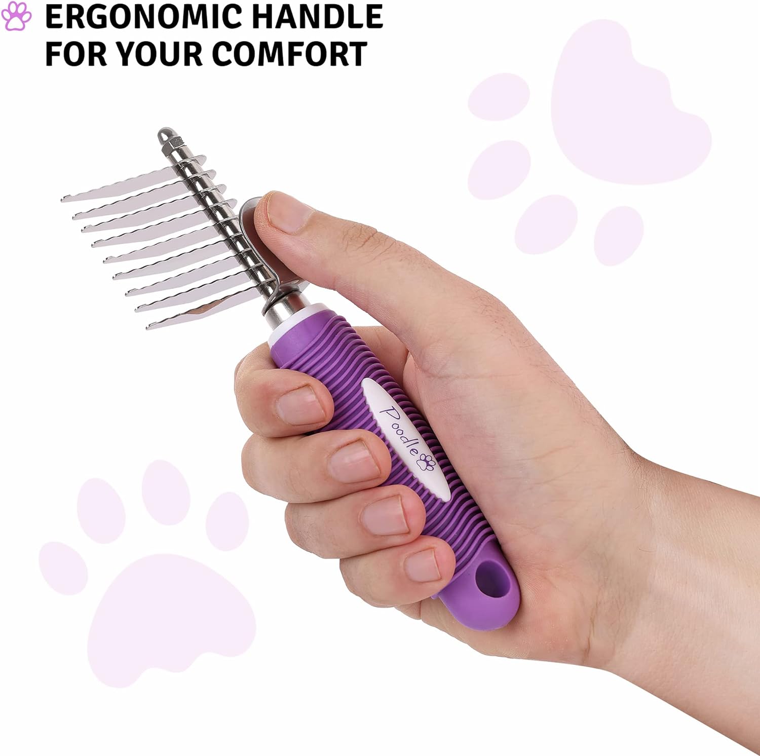 Poodle Pet Dematting Fur Rake Comb Brush Tool - Dog and Cat Comb with Long 2.5 Inches Steel Safety Blades for Detangling Matted or Knotted Undercoat Hair