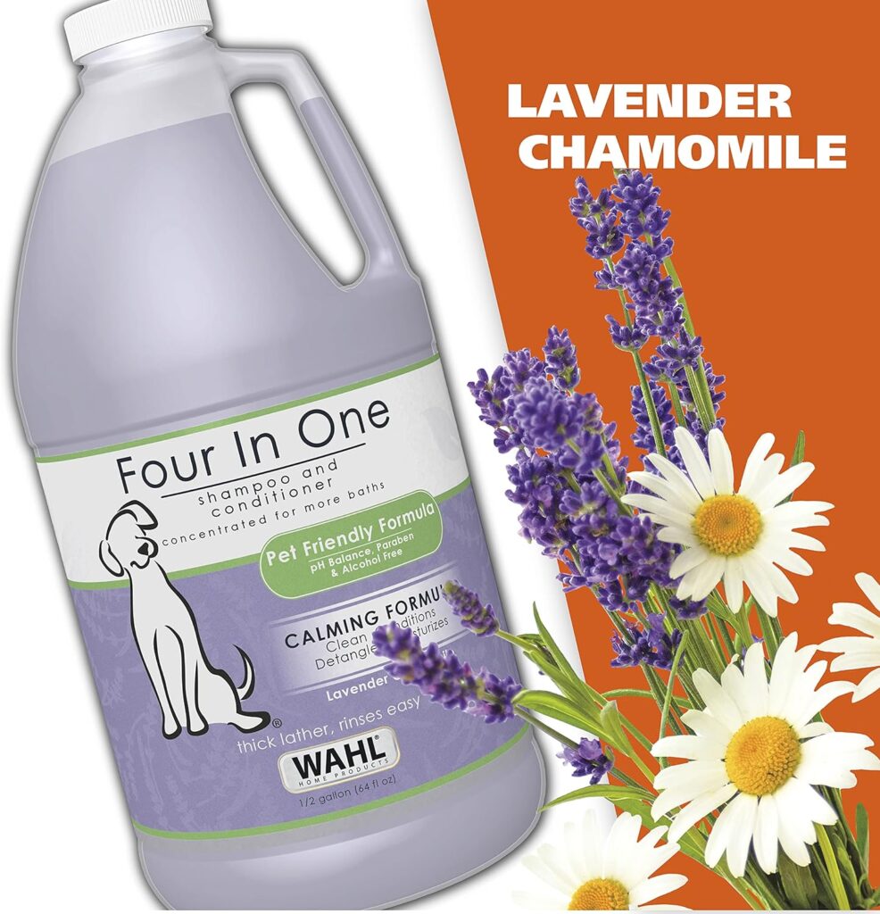 Wahl USA 4-in-1 Calming Pet Shampoo for Dogs – Cleans, Conditions, Detangles,  Moisturizes with Lavender Chamomile - Pet Friendly Formula – 64 Oz - Model 821000-050